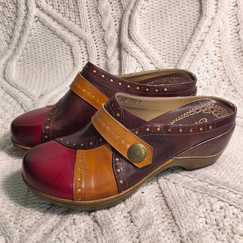 Elite by Corkys Colorblock Leather Mules Burgundy Tan Wedge Fall Womens 8 NEW